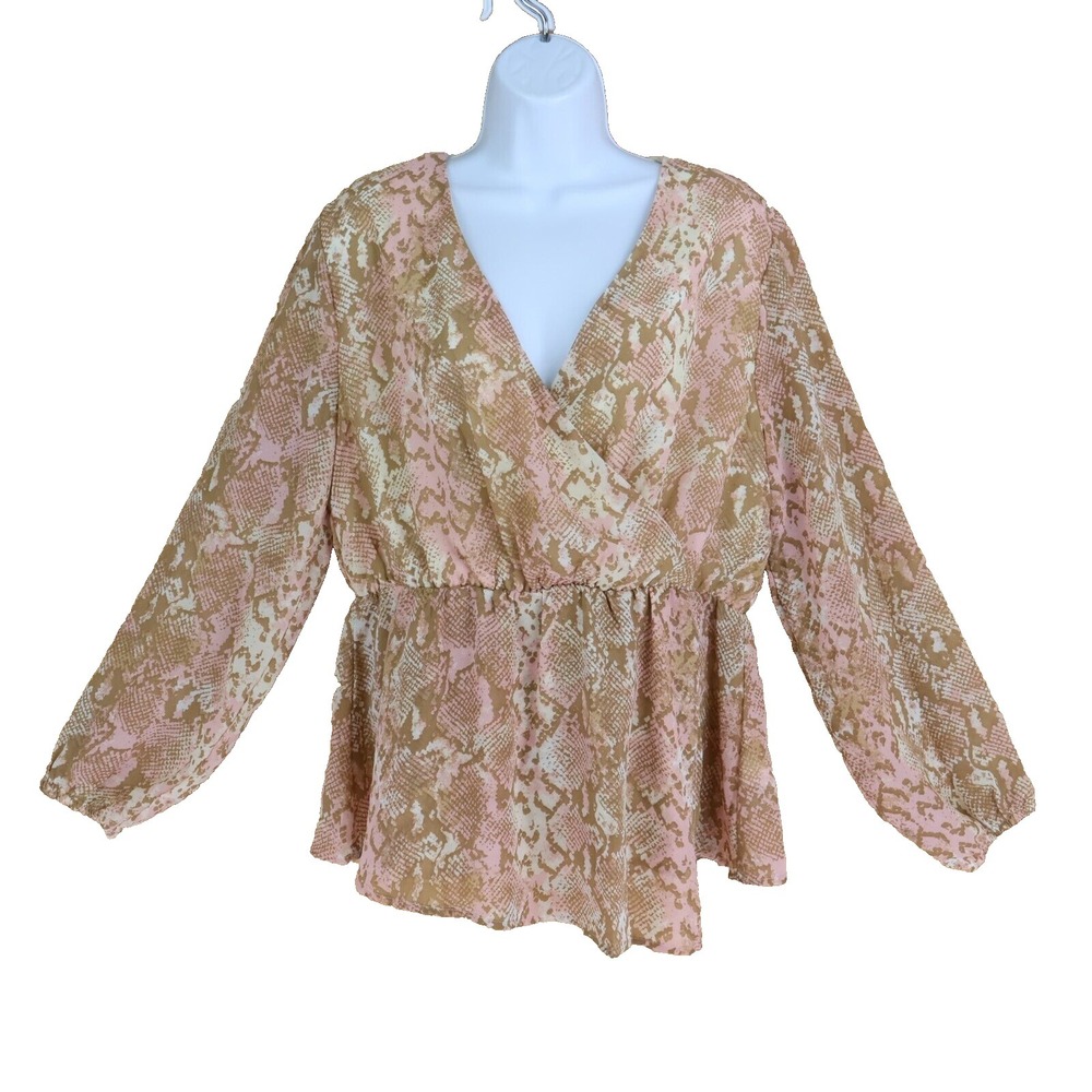 Ophelia Roe Blouse Womens L Brown Pink Animal Print V-Neck Cinched‎ Waist Lined